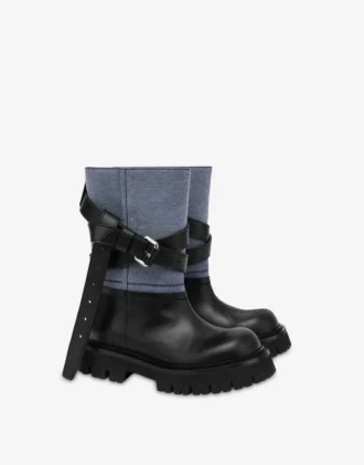 Bottines en denim et cuir de veau