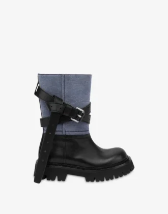 Bottines en denim et cuir de veau