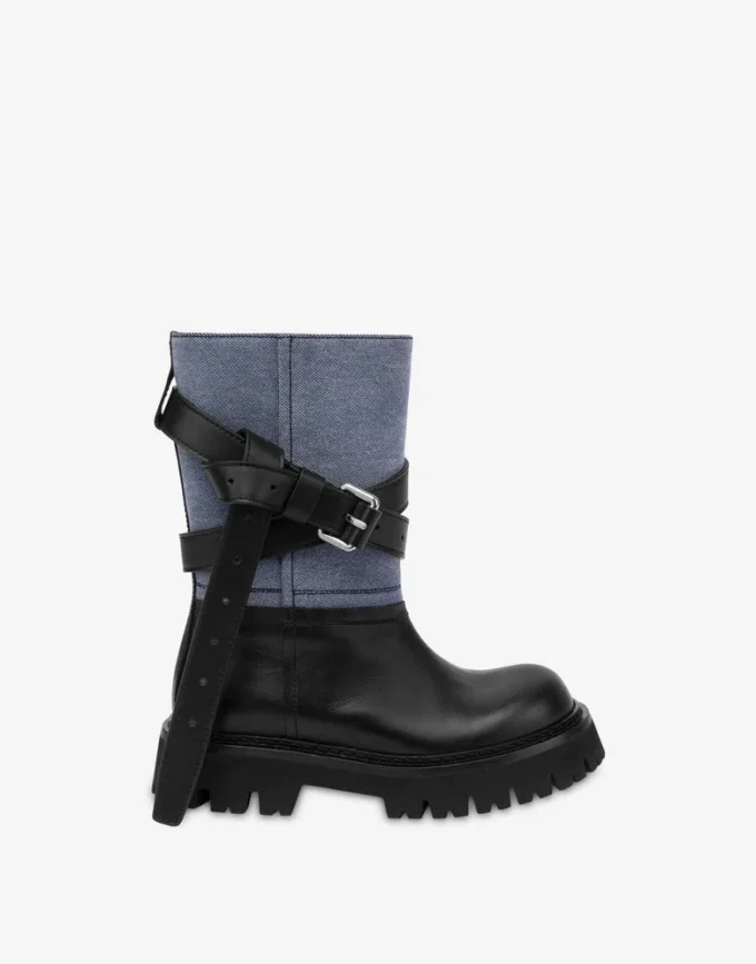 Bottines en denim et cuir de veau Bottines en denim et cuir de veau