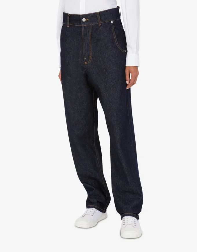 Pantalon en denim bleu Patch couronne de laurier Pantalon en denim bleu Patch couronne de laurier
