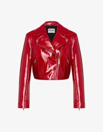 Veste courte motard en cuir verni