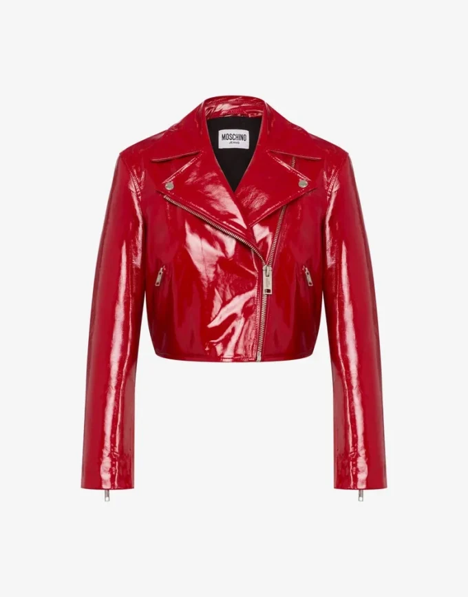 Veste courte motard en cuir verni Veste courte motard en cuir verni
